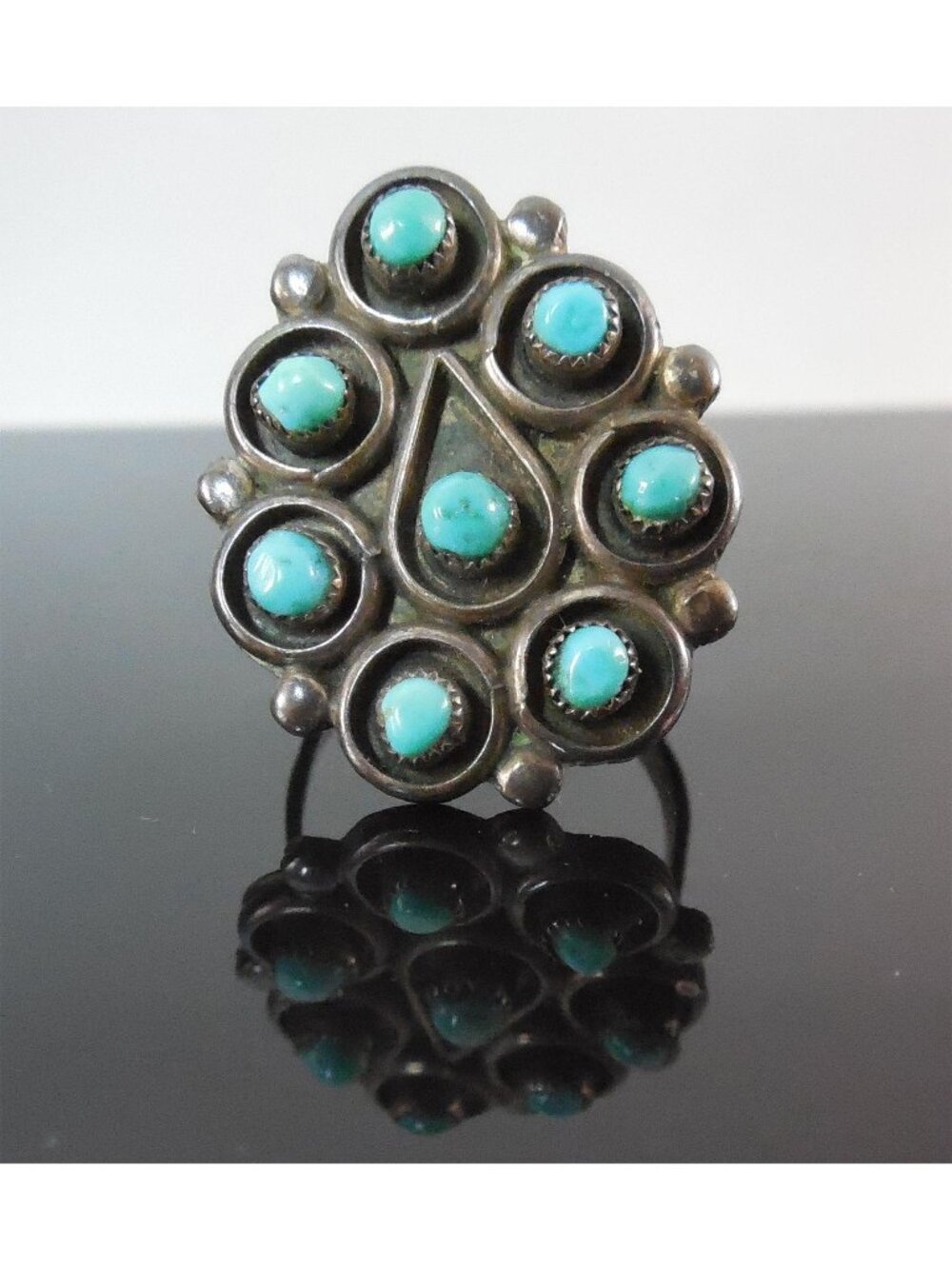 Vintage Zuni Turquoise Snake Eye Cluster Silver Statement Ring Size 8.5